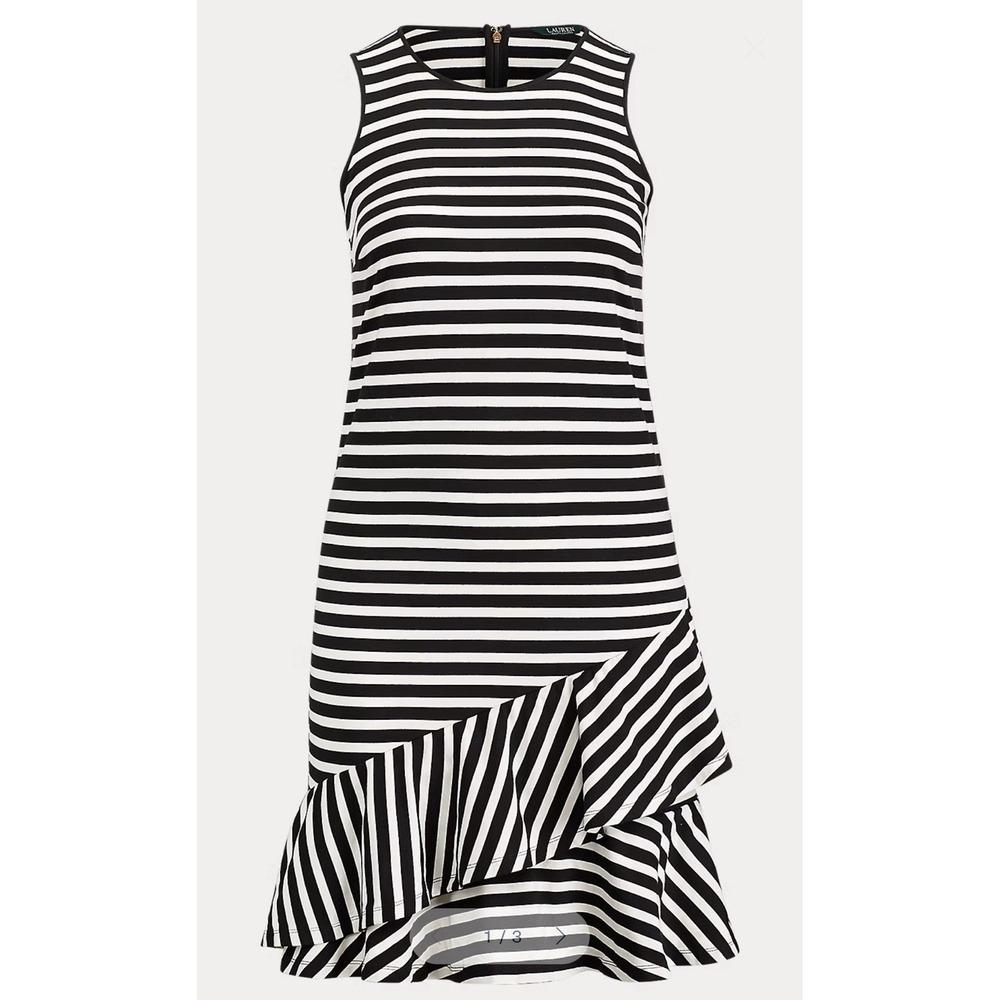 Lauren Ralph Lauren Black‎ White Striped Ruffle Hem Sleeveless Cotton Dress M
